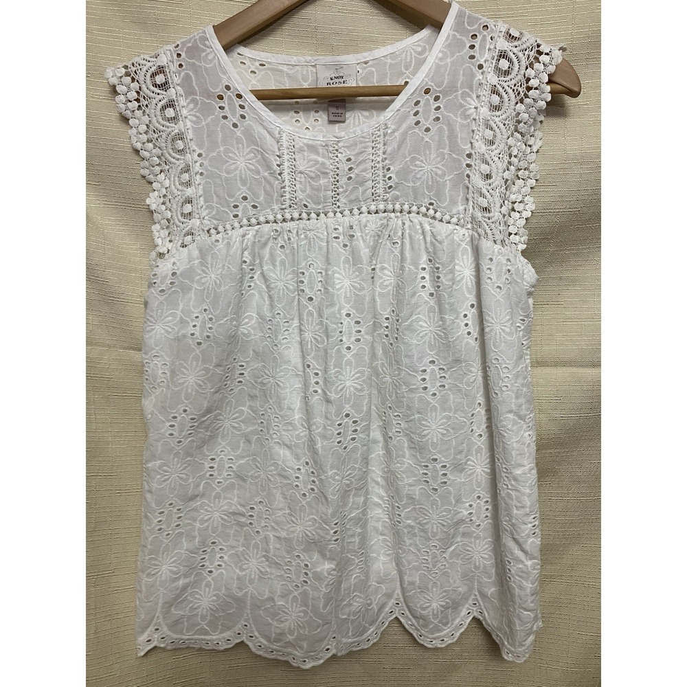 knox rose White Eyelet Cool  Summer Boho Lace Cotton Cap Sleeve Top Size small